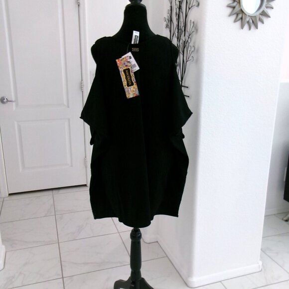 New Cuban Mambo Mini Dress Jet Black Batwing Sleeve Cover-up Beach Dress M / S - Picture 8 of 15